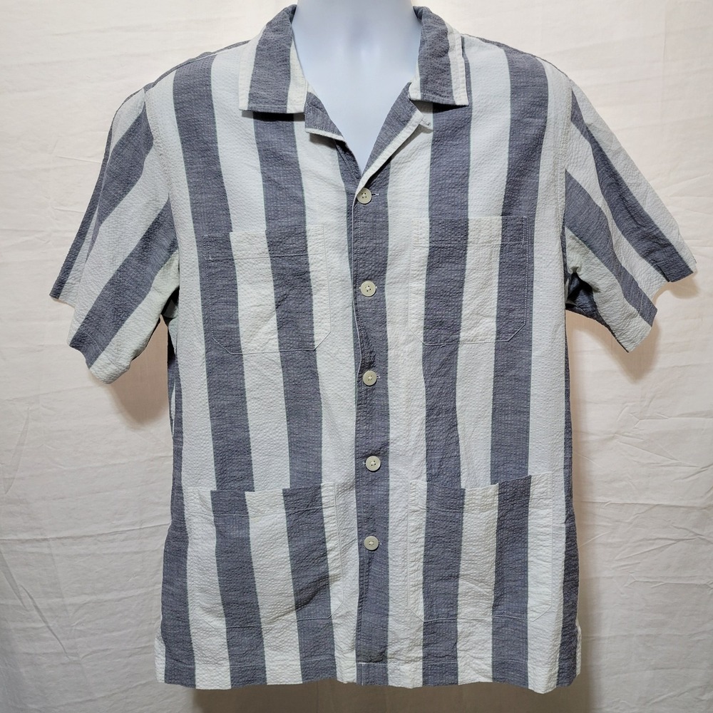 Todd Snyder Shirt Men Large Camp Collar Guyabera Chore Seer Sucker Stripe Albini